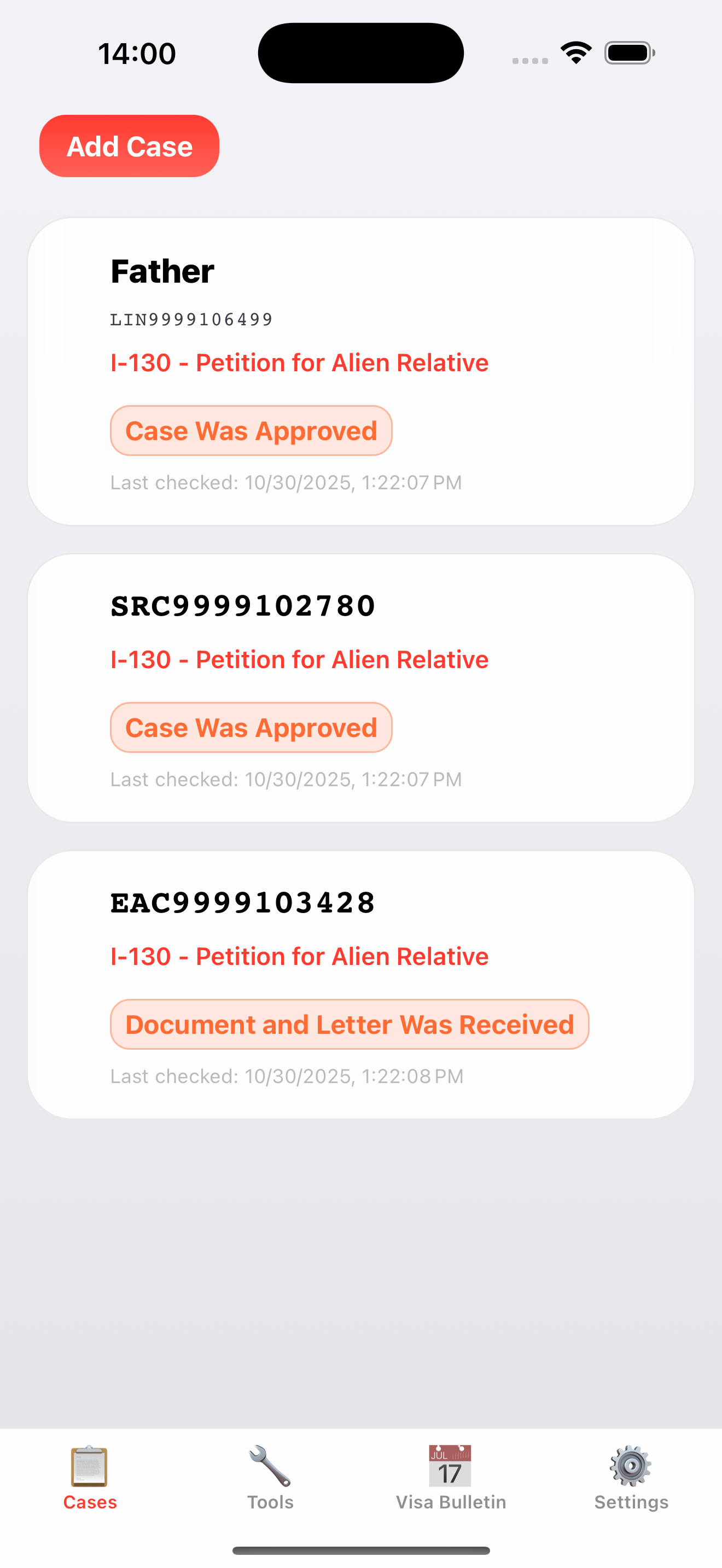 CaseTrack+ Home Screen - Track multiple immigration cases